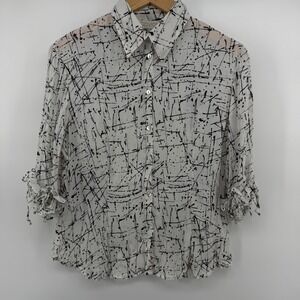 Caviar Womens Black White Abstract Print Ruffle Tie Sleeve Button Up Blouse M
